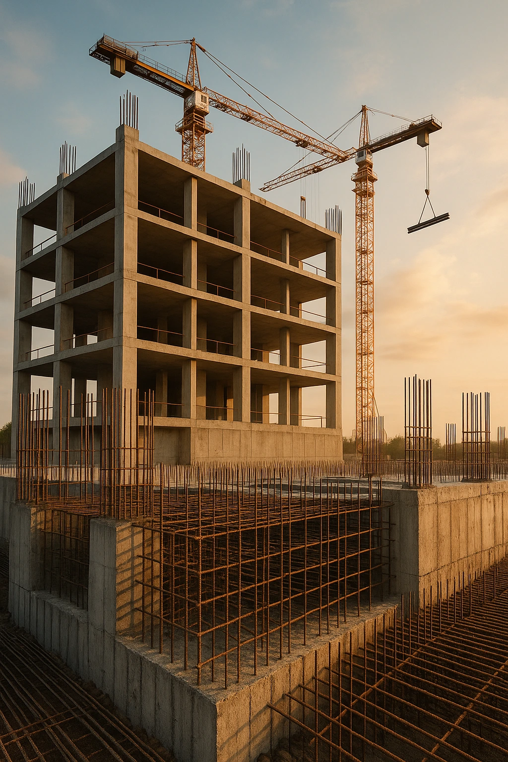Escena metafórica de un edificio con cimientos visibles y estructura en construcción 