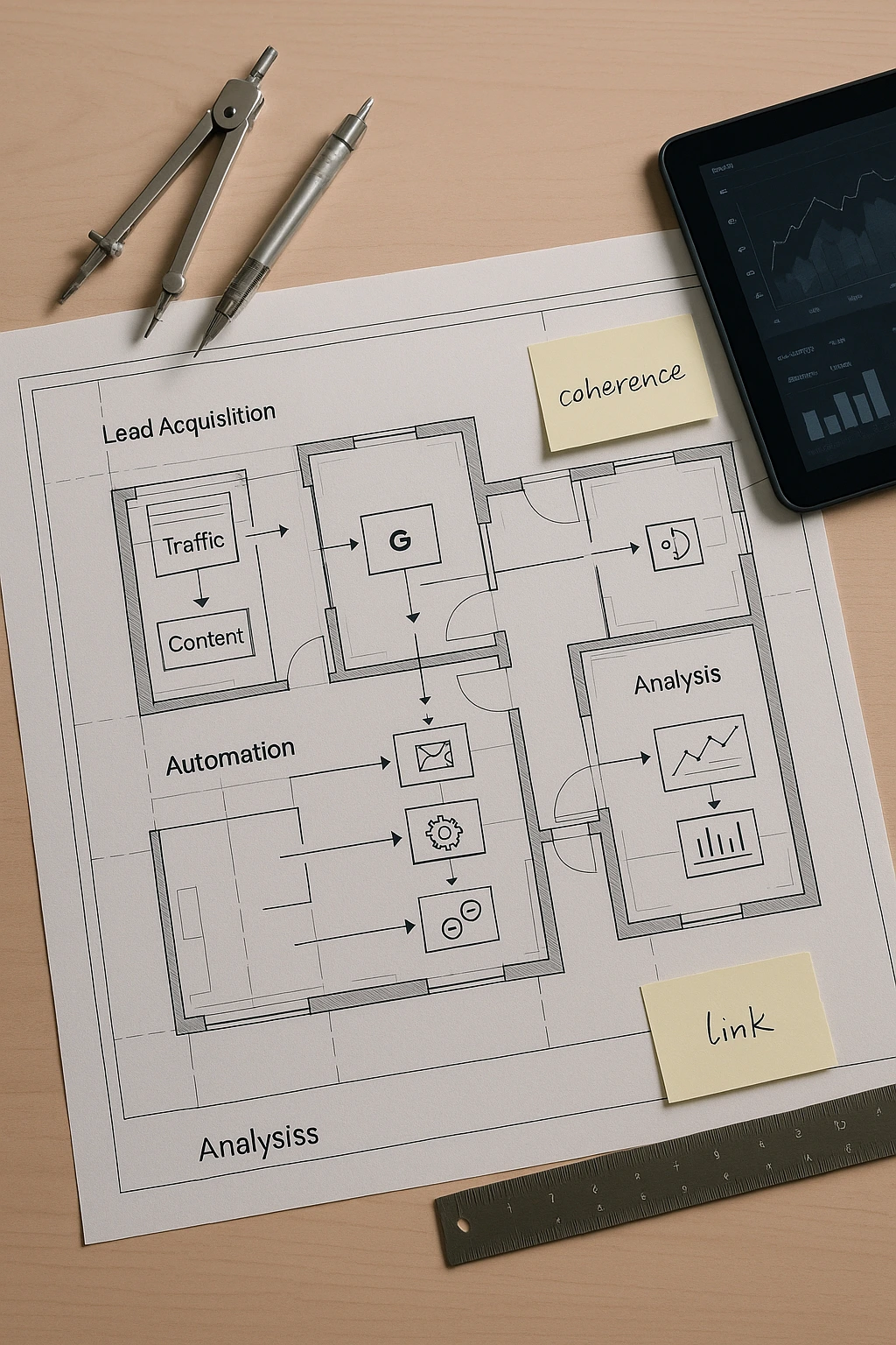 Representación arquitectónica de un sistema de marketing bien conectado