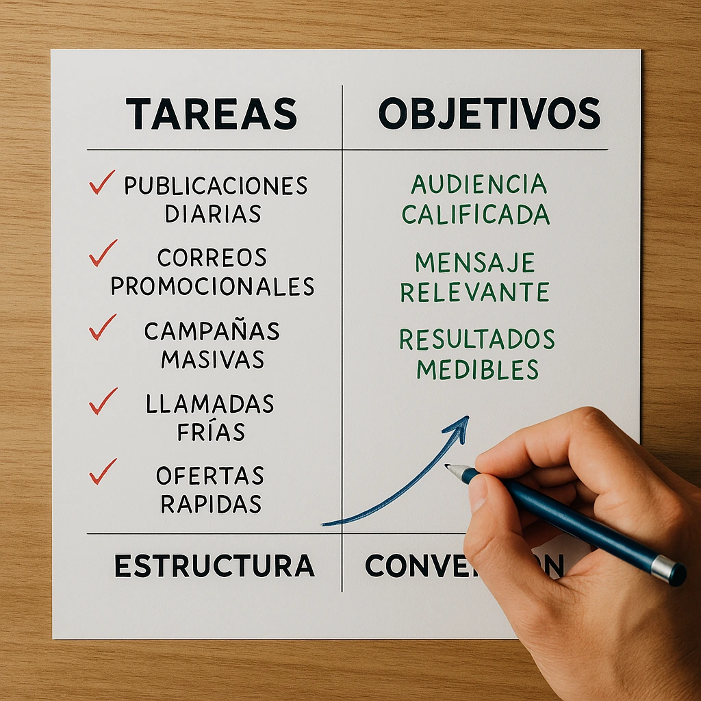 Profesional tachando tareas innecesarias y señalando objetivos reales