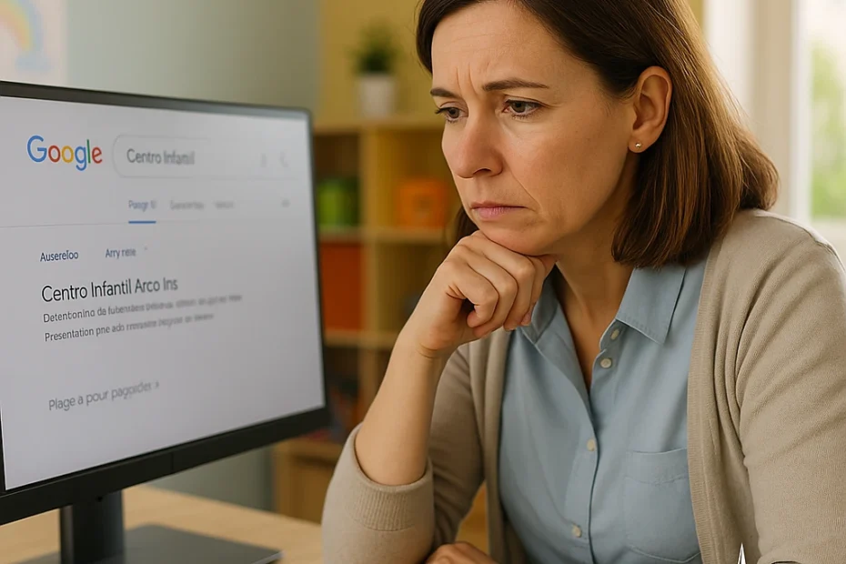 Directora preocupada revisando la web de su centro infantil sin aparecer en Google