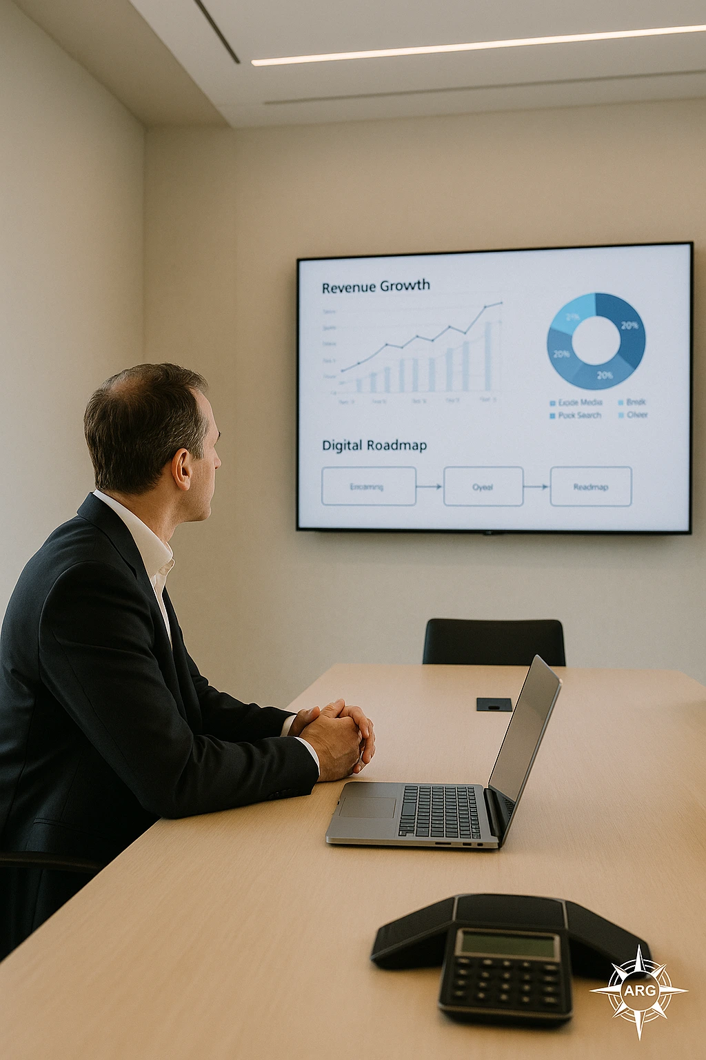 Oficina ejecutiva analizando gráficas de ventas y estrategia digital 