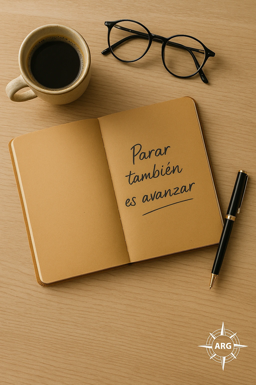 Escritorio con cuaderno abierto donde se lee “Parar también es avanzar”