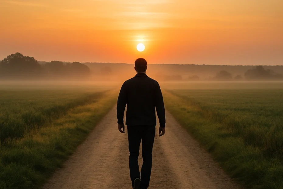 Persona sola caminando por un camino recto al amanecer