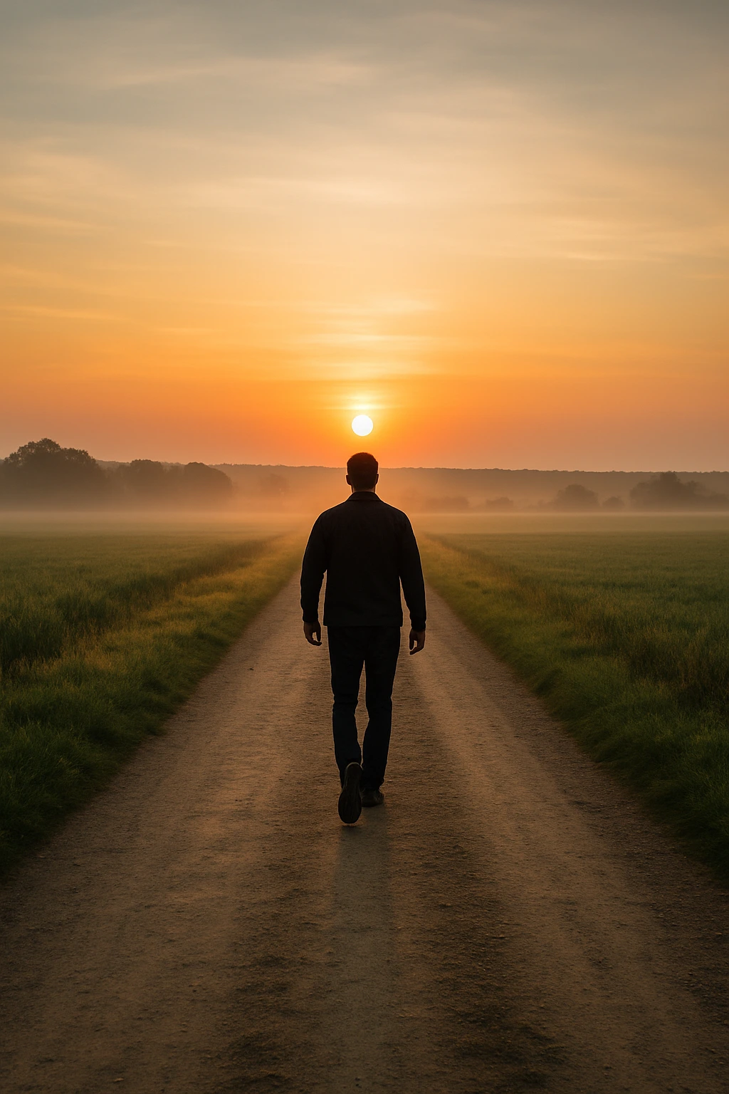 Persona sola caminando por un camino recto al amanecer