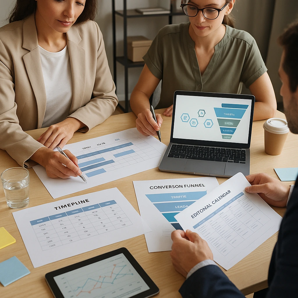 Equipo reunido construyendo una estructura de marketing con claridad