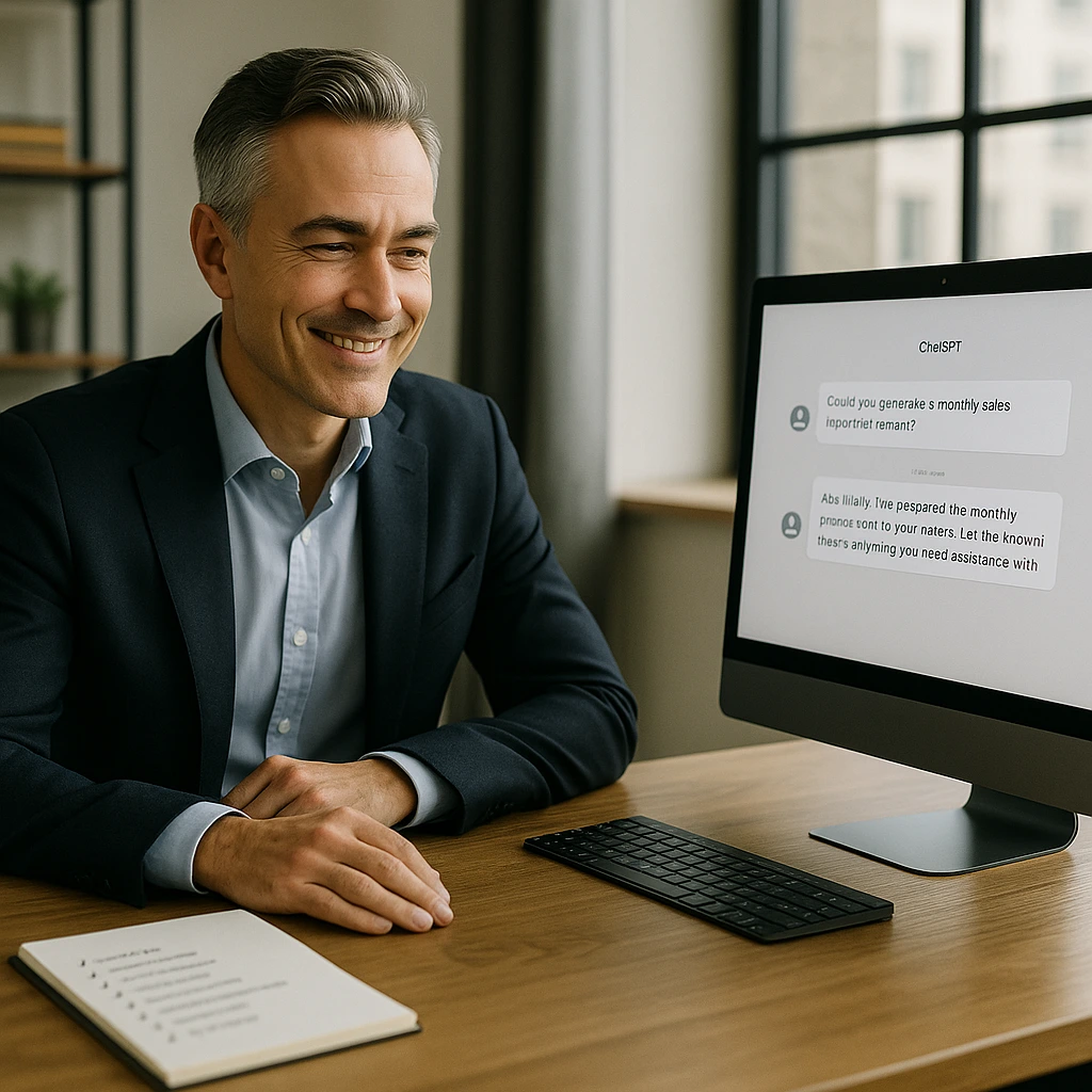 Empresario sonriente liberando tareas gracias a un asistente GPT