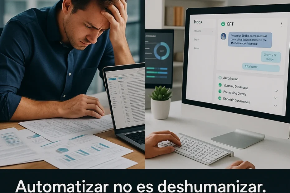 Comparativa visual entre tareas repetitivas y automatización eficiente