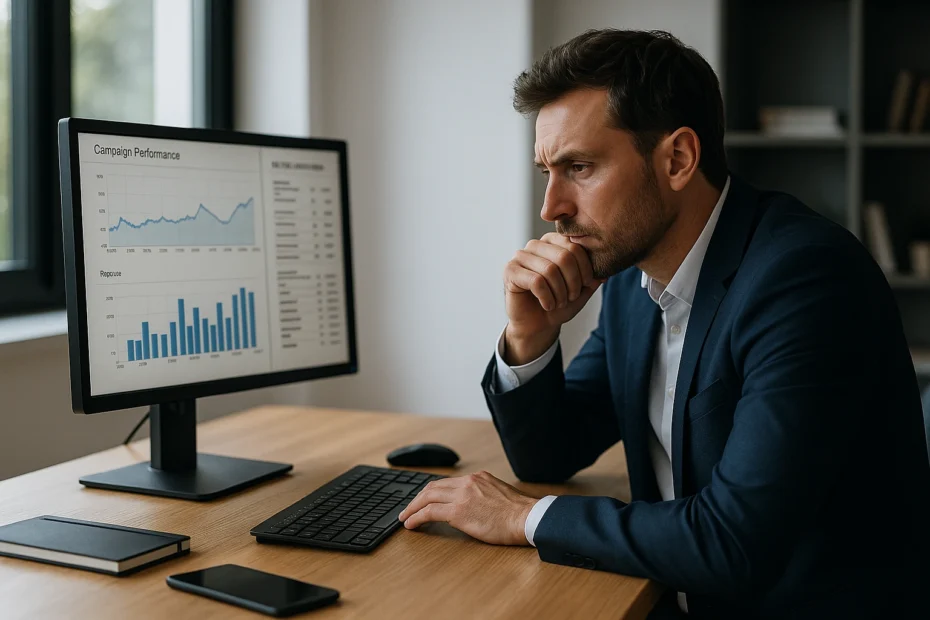 Empresario revisando datos de marketing sin crecimiento claro