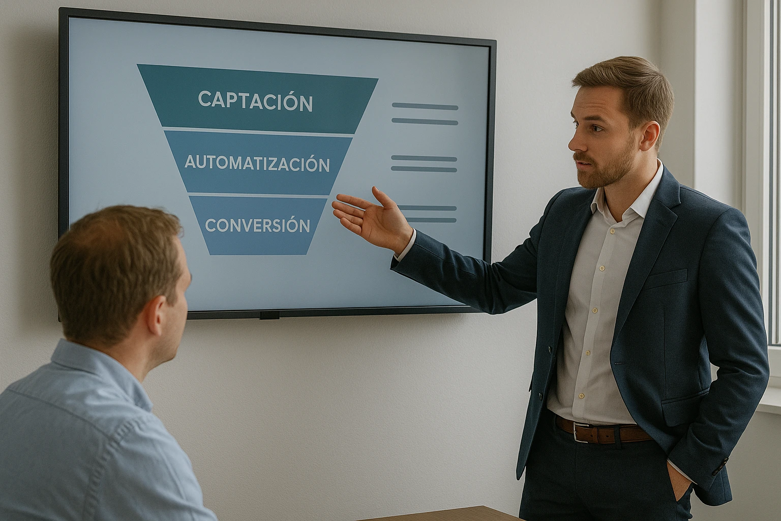 Consultor mostrando estructura de marketing a cliente con claridad