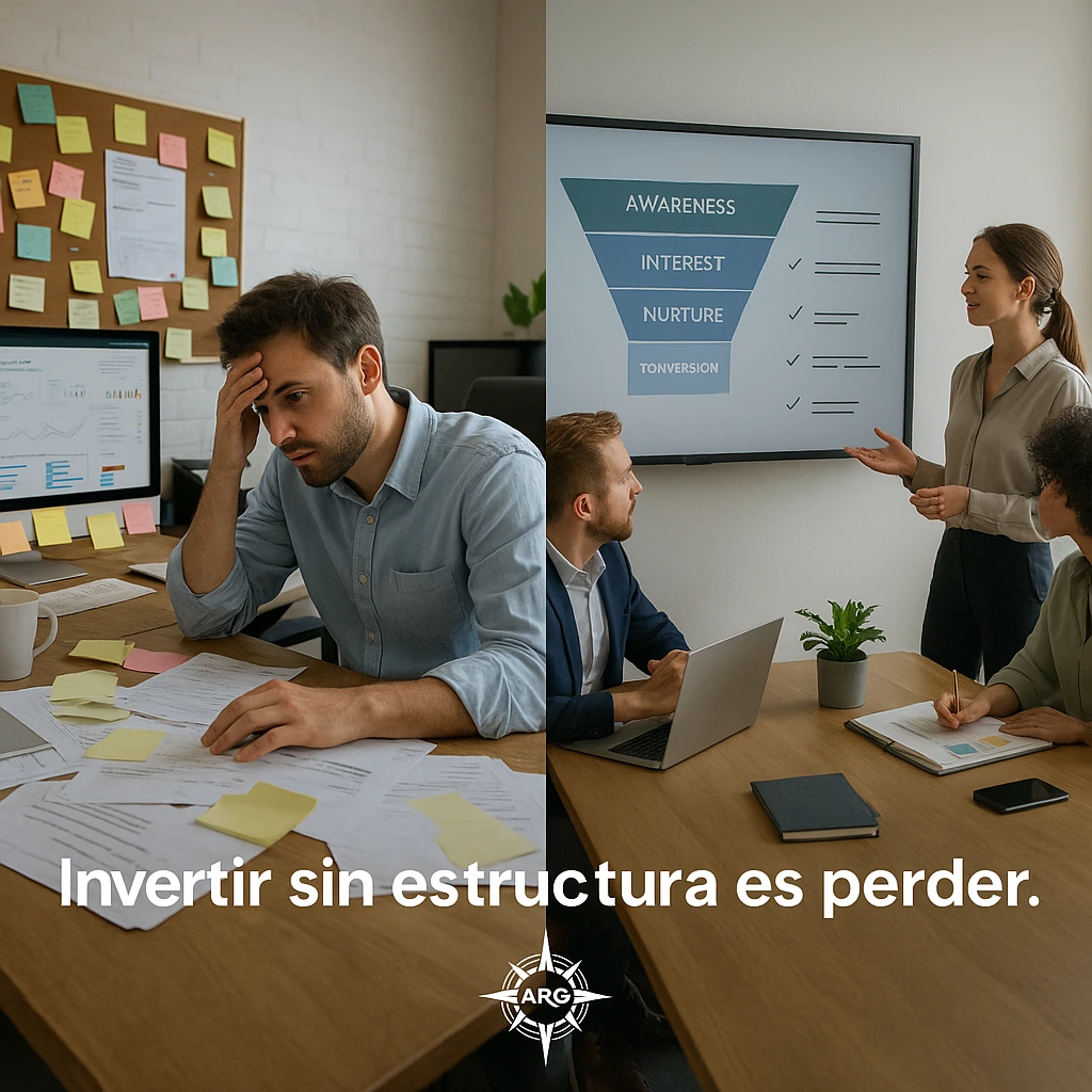 Comparativa visual entre caos de marketing y estructura clara