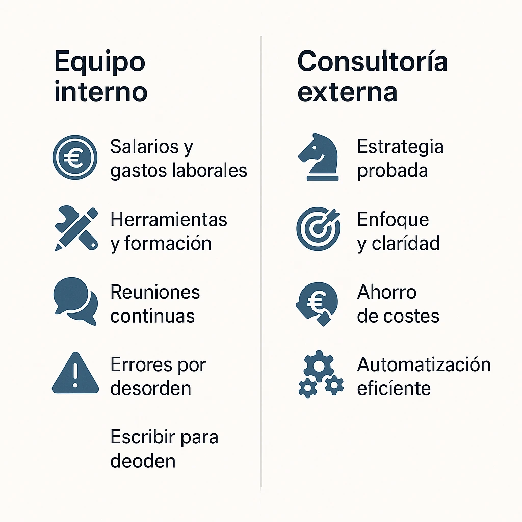 Infografía que compara los costes reales de un equipo interno frente a externalizar con una consultora