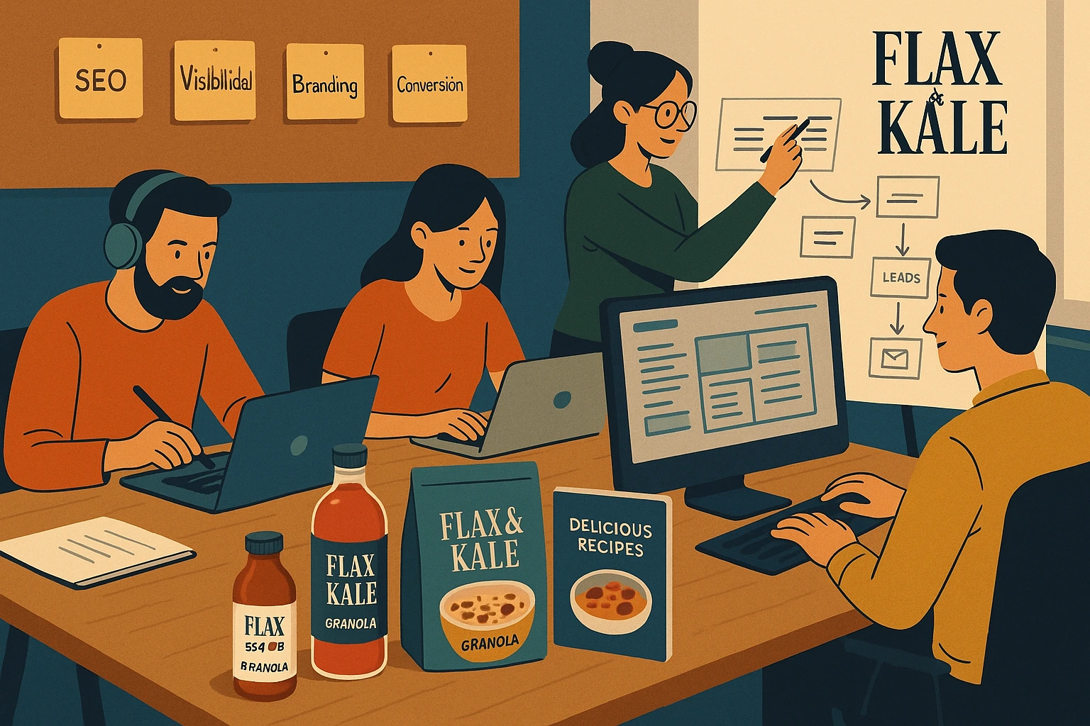 Escena creativa de estrategia digital para lanzar productos saludables