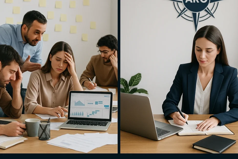 Comparativa visual entre un equipo interno saturado y una consultora externa eficiente