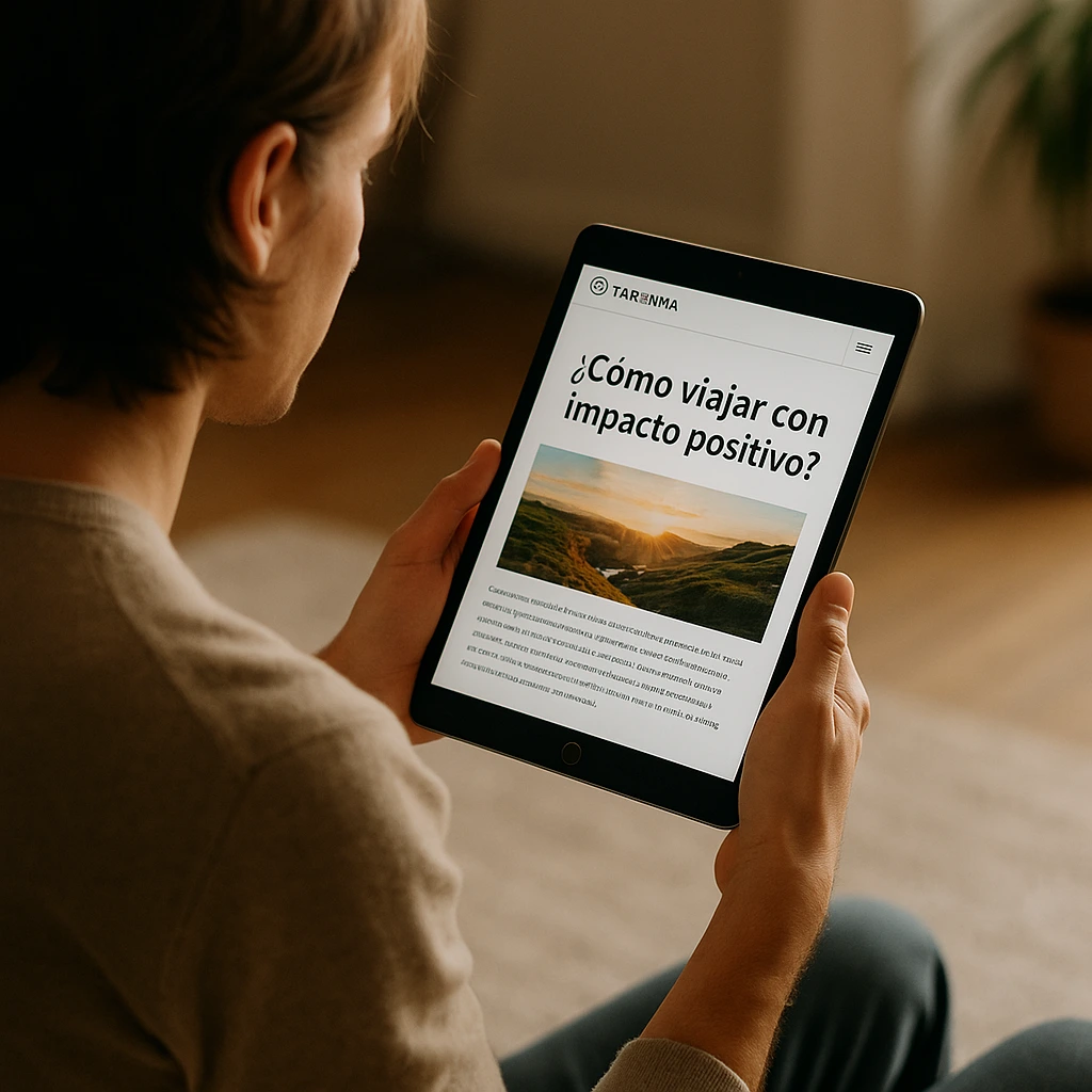 Usuario leyendo contenido inspirador de agencia de viajes responsable