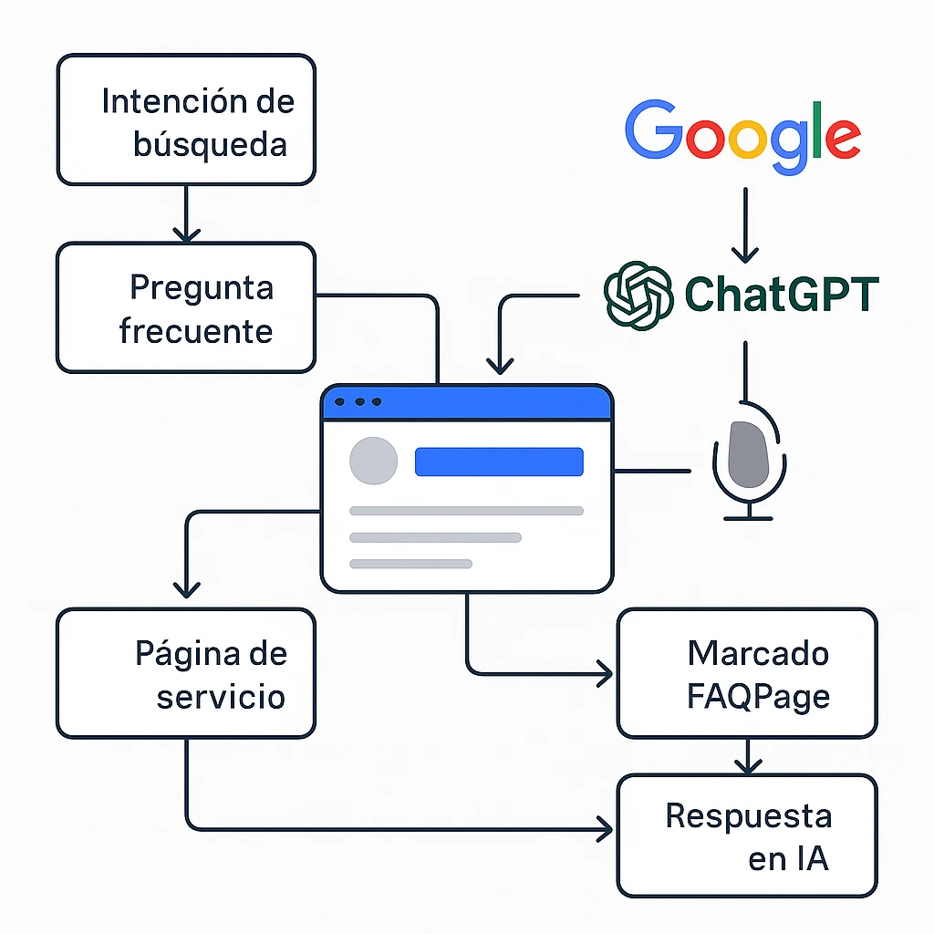 Imagen que representa cómo una web bien estructurada aparece en resultados de IA y voz