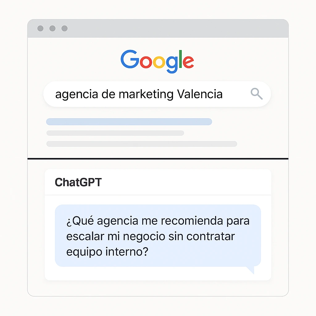 Comparativa entre búsqueda tradicional en Google y conversación en IA