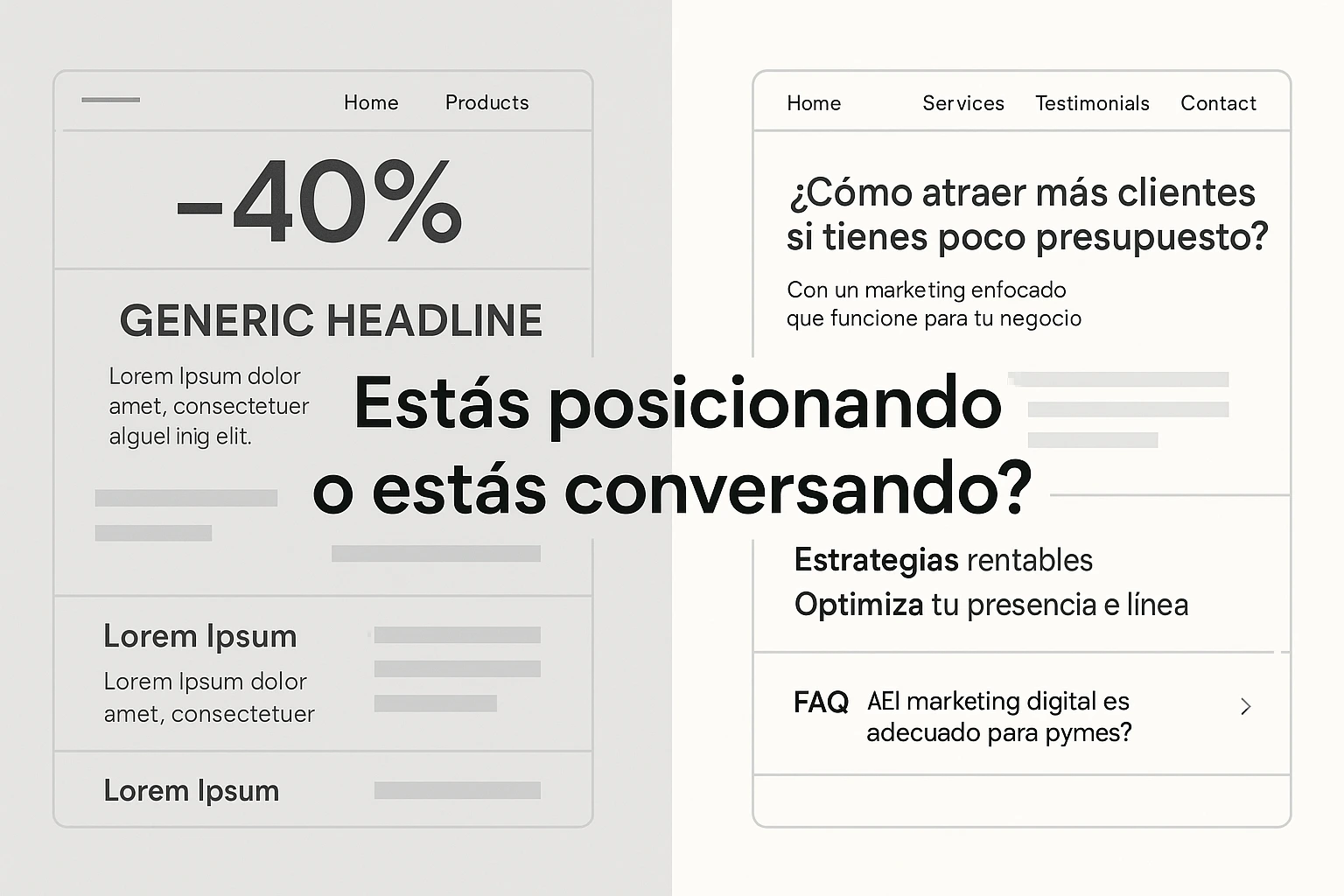 Comparativa entre un SEO tradicional genérico y una web optimizada con SEO conversacional.