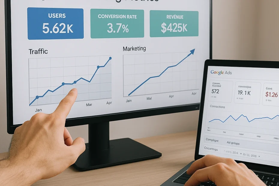 Panel de métricas digitales con crecimiento tras aplicar estrategia de consultoría
