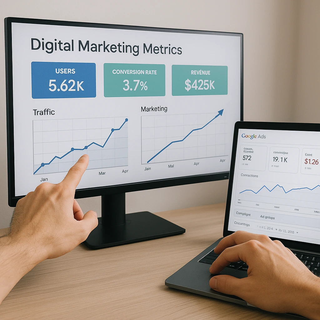 Panel de métricas digitales con crecimiento tras aplicar estrategia de consultoría