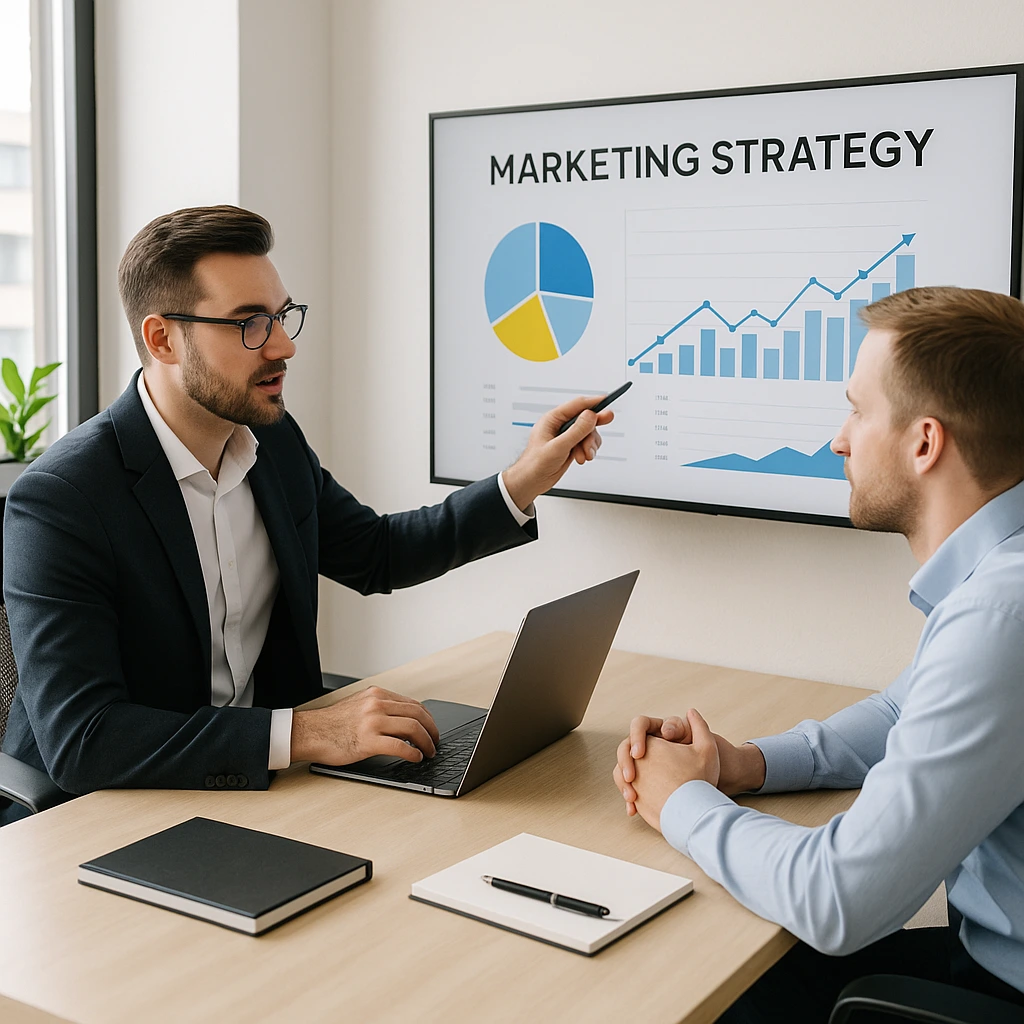 Consultor de marketing digital explicando estrategia a cliente en oficina moderna
