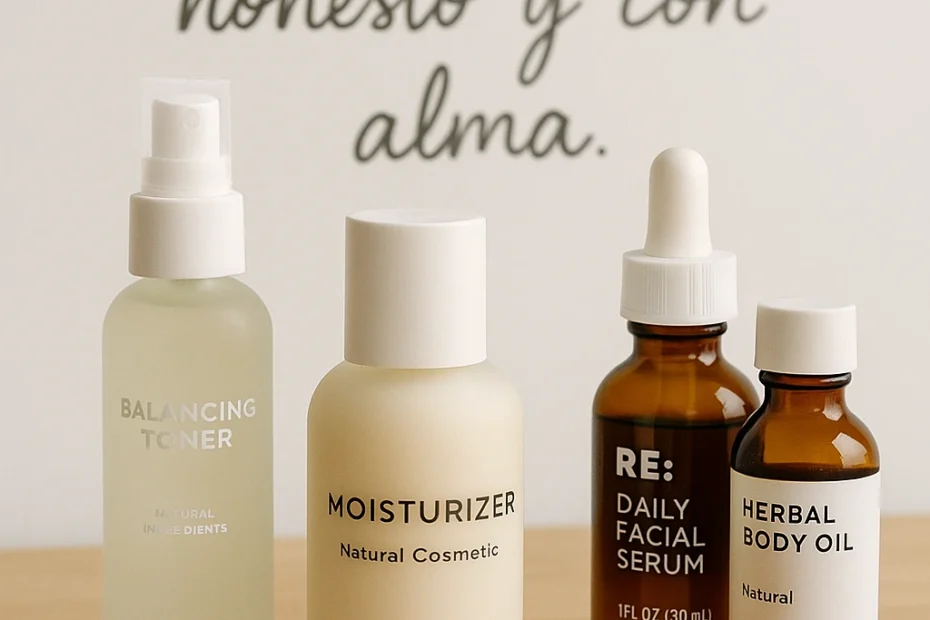 Imagen de cosméticos naturales con branding minimalista y frase sobre marketing honesto