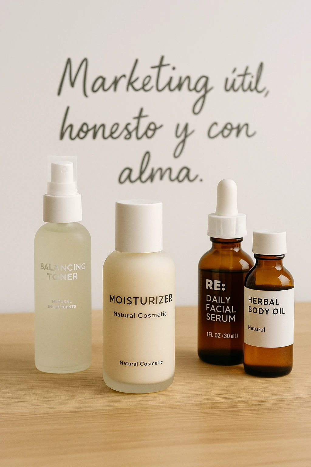 Imagen de cosméticos naturales con branding minimalista y frase sobre marketing honesto