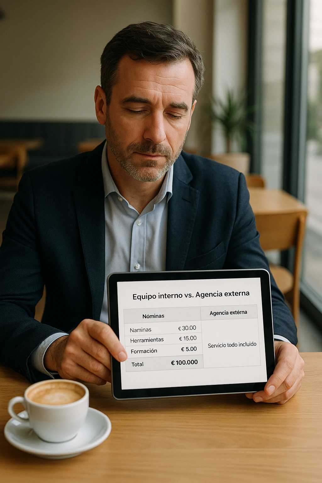 Empresario comparando costes de marketing interno y externalizado
