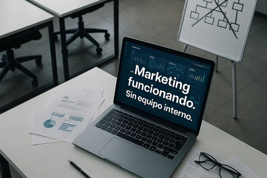 Contraste entre oficina vacía y sistema de marketing funcionando con IA