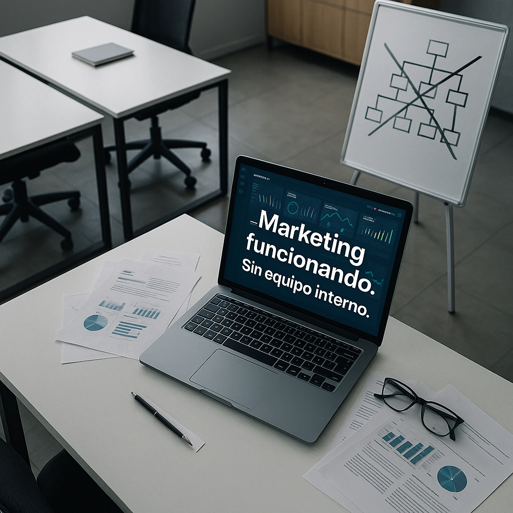 Contraste entre oficina vacía y sistema de marketing funcionando con IA