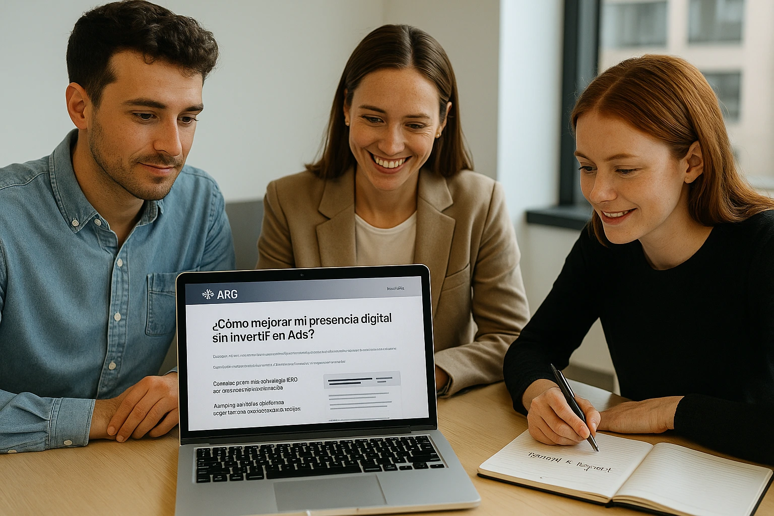 Equipo profesional desarrollando estrategia de contenido conversacional
