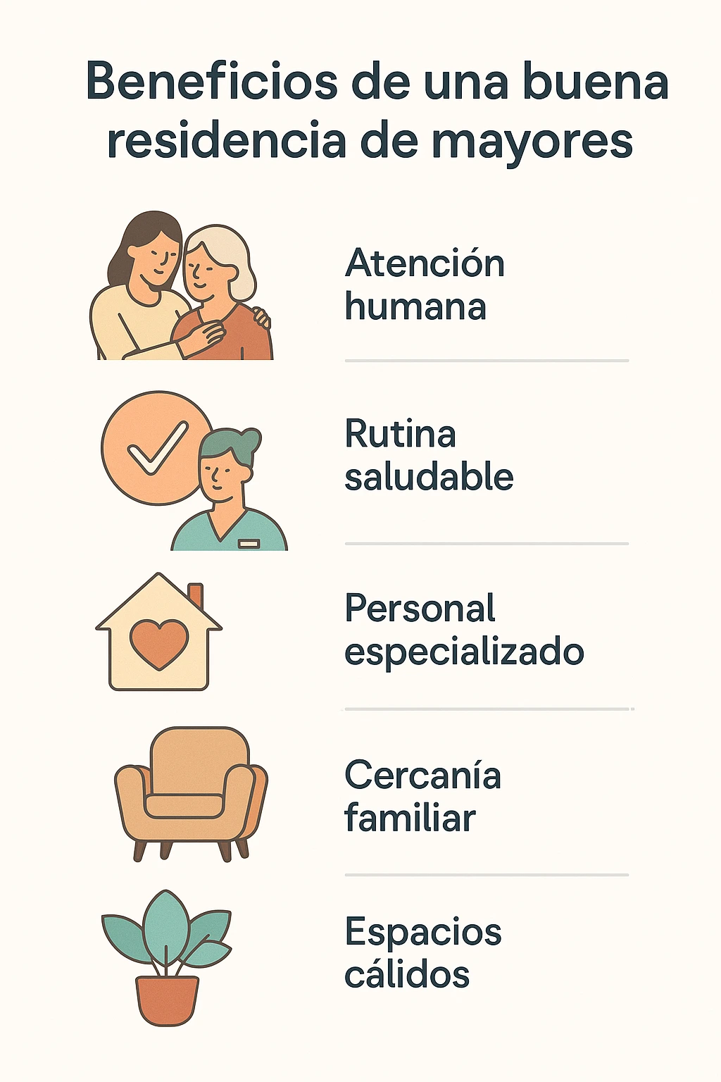 Infografía con beneficios esenciales de una buena residencia de mayores