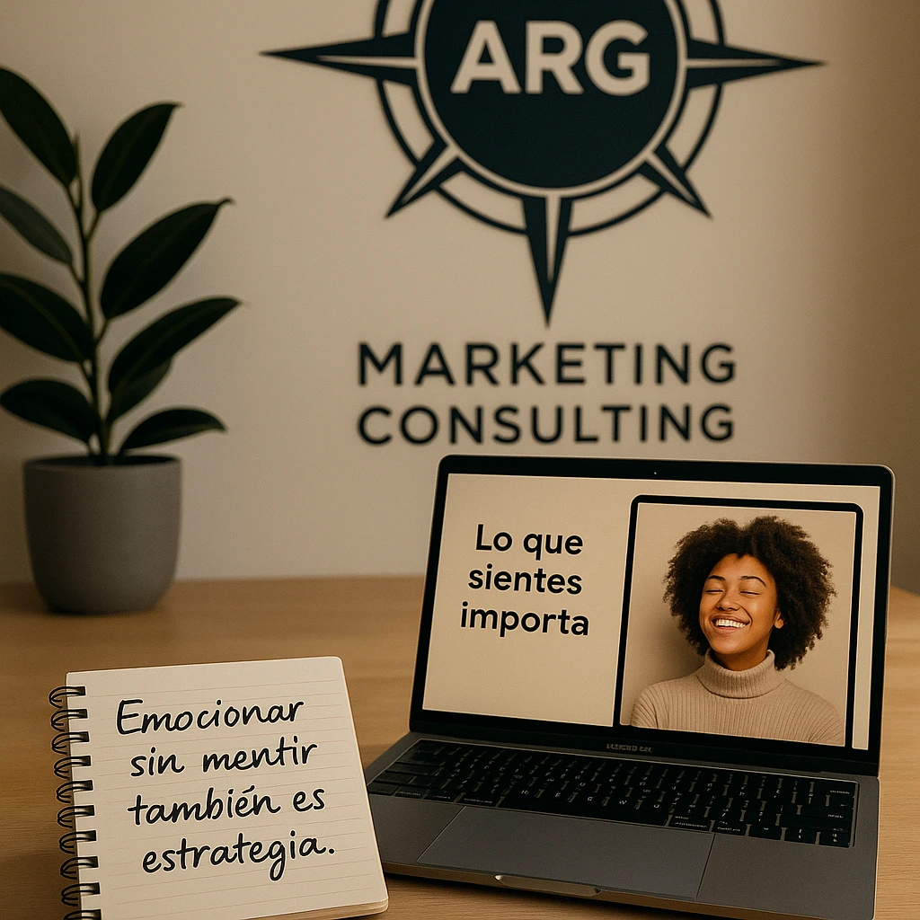 Espacio de trabajo de ARG con mensaje sobre marketing emocional honesto