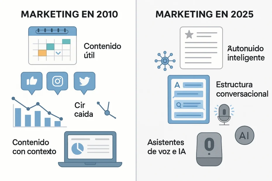 Comparación visual entre marketing tradicional de 2010 y el enfoque actual adaptado a 2025