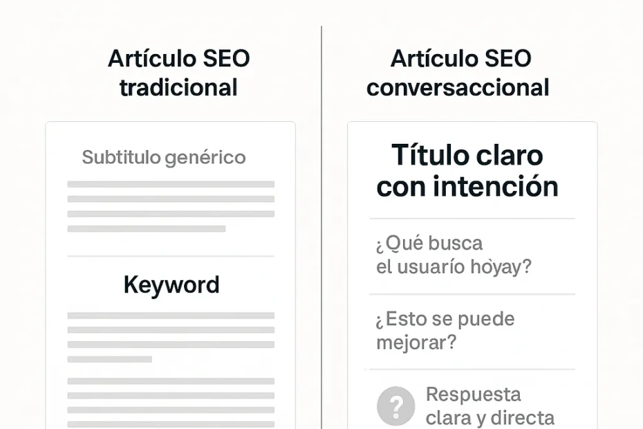 Comparación visual entre un artículo SEO tradicional y otro optimizado para conversación