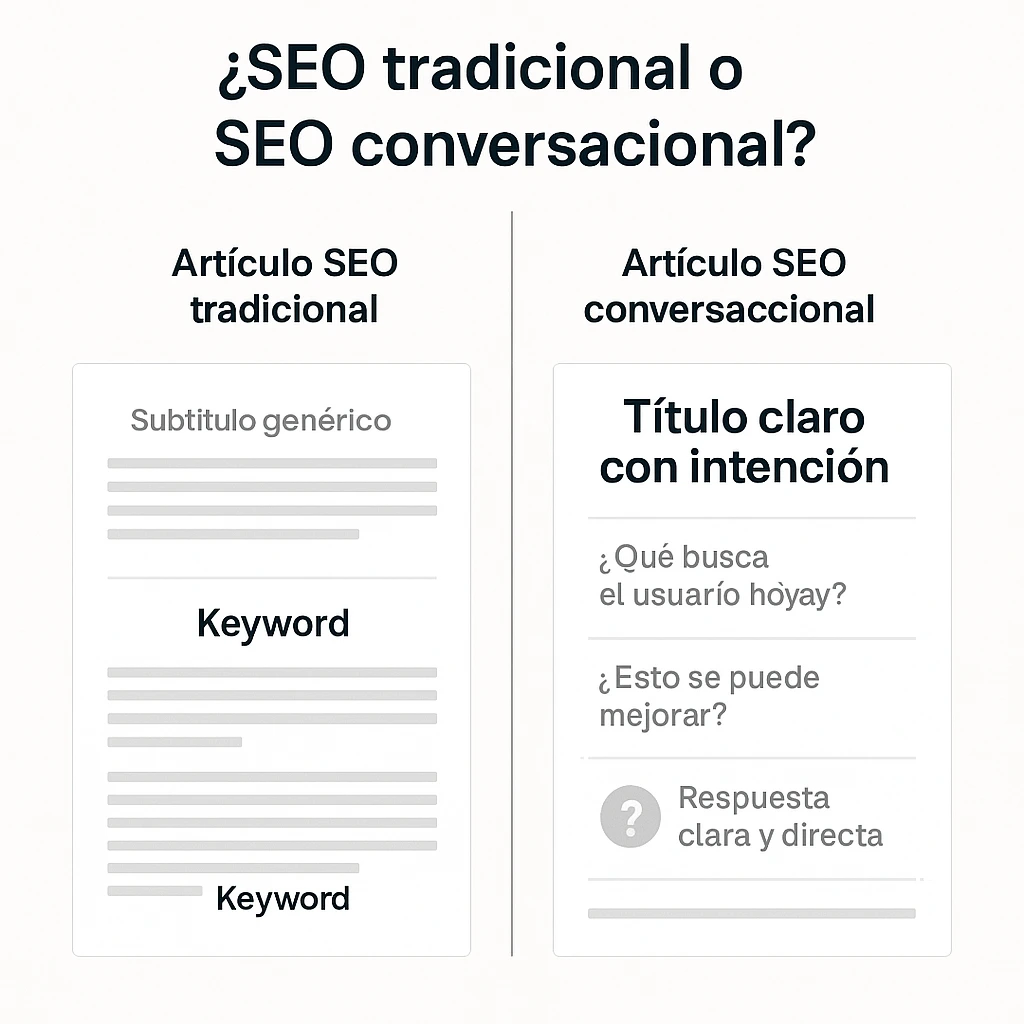 Comparación visual entre un artículo SEO tradicional y otro optimizado para conversación