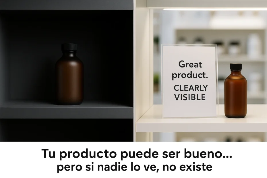 Comparativa visual entre un producto sin visibilidad y otro estratégicamente posicionado