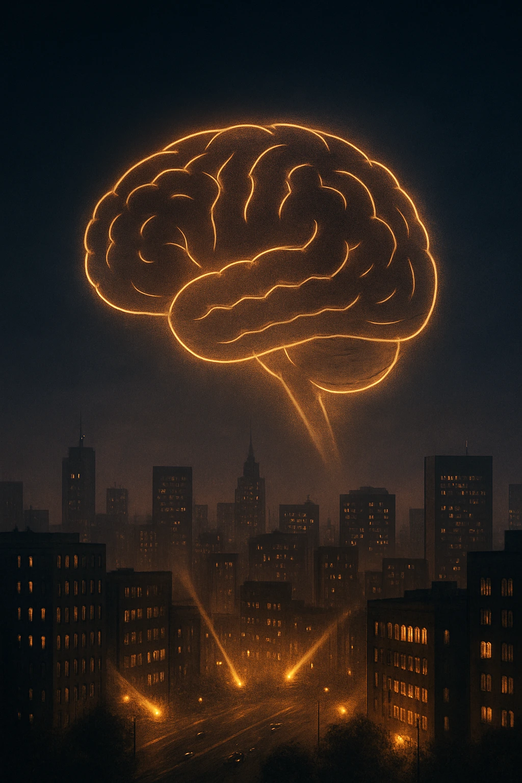 Imagen conceptual de una silueta de cerebro proyectada sobre una ciudad.