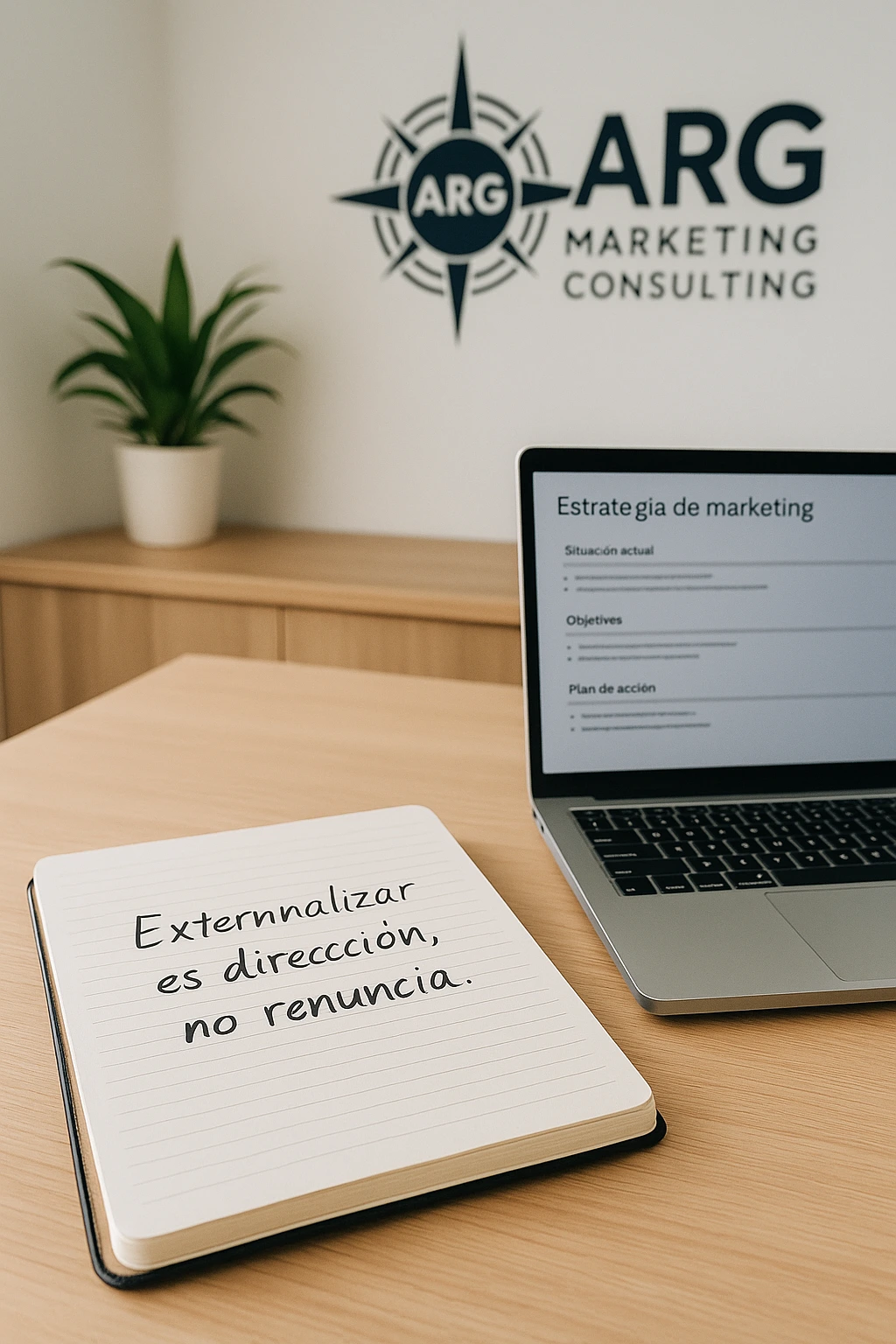 Oficina de ARG con mensaje estratégico sobre externalización del marketing