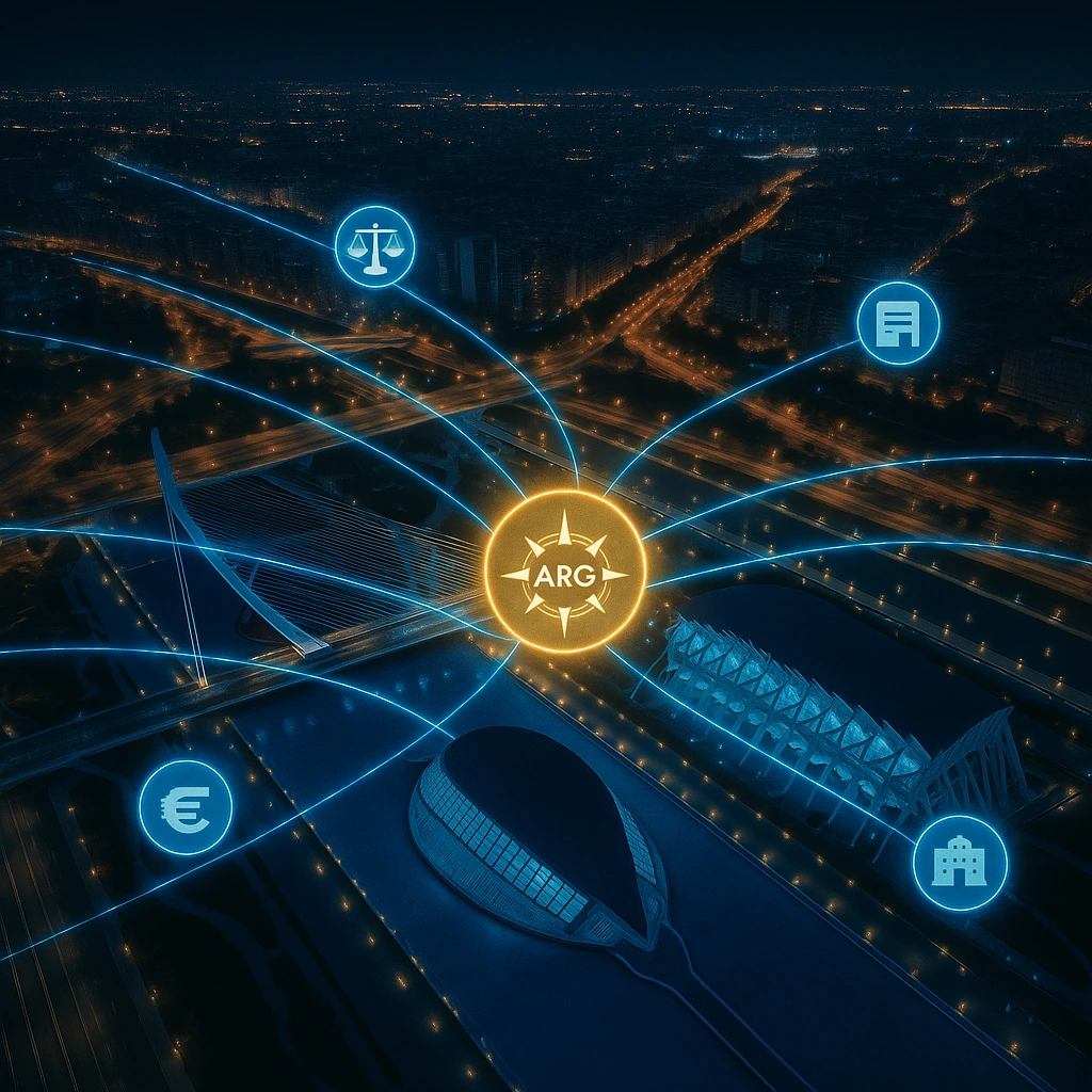 Vista aérea de Valencia con datos conectados a un nodo central ARG
