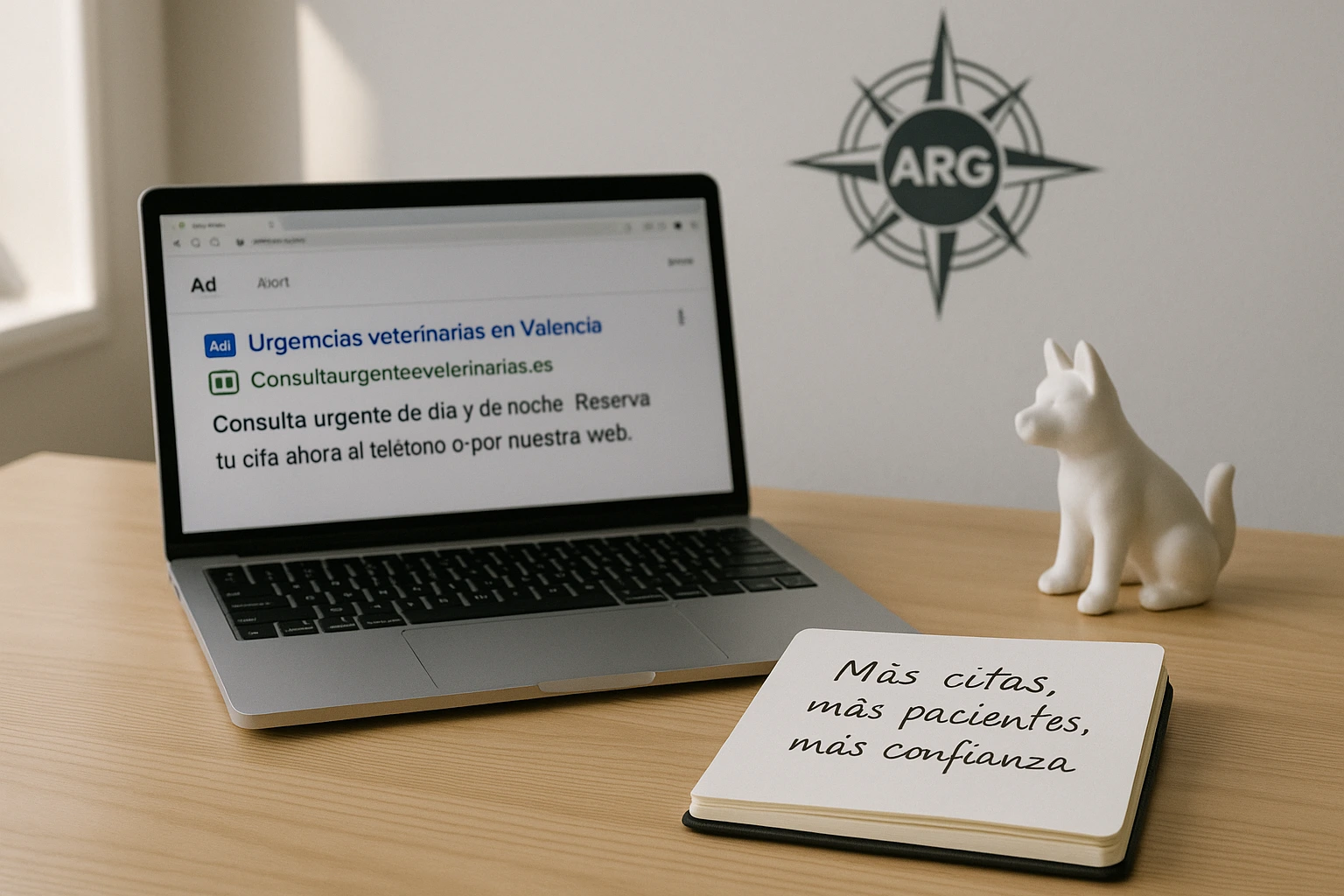 Escritorio de agencia con campaña de Google Ads para clínica veterinaria