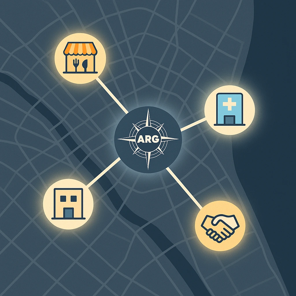 Mapa estilizado de Valencia con negocios locales conectados a branding ARG
