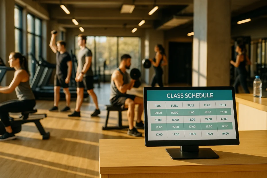 Interior de un gimnasio con calendario de reservas lleno en pantalla digital