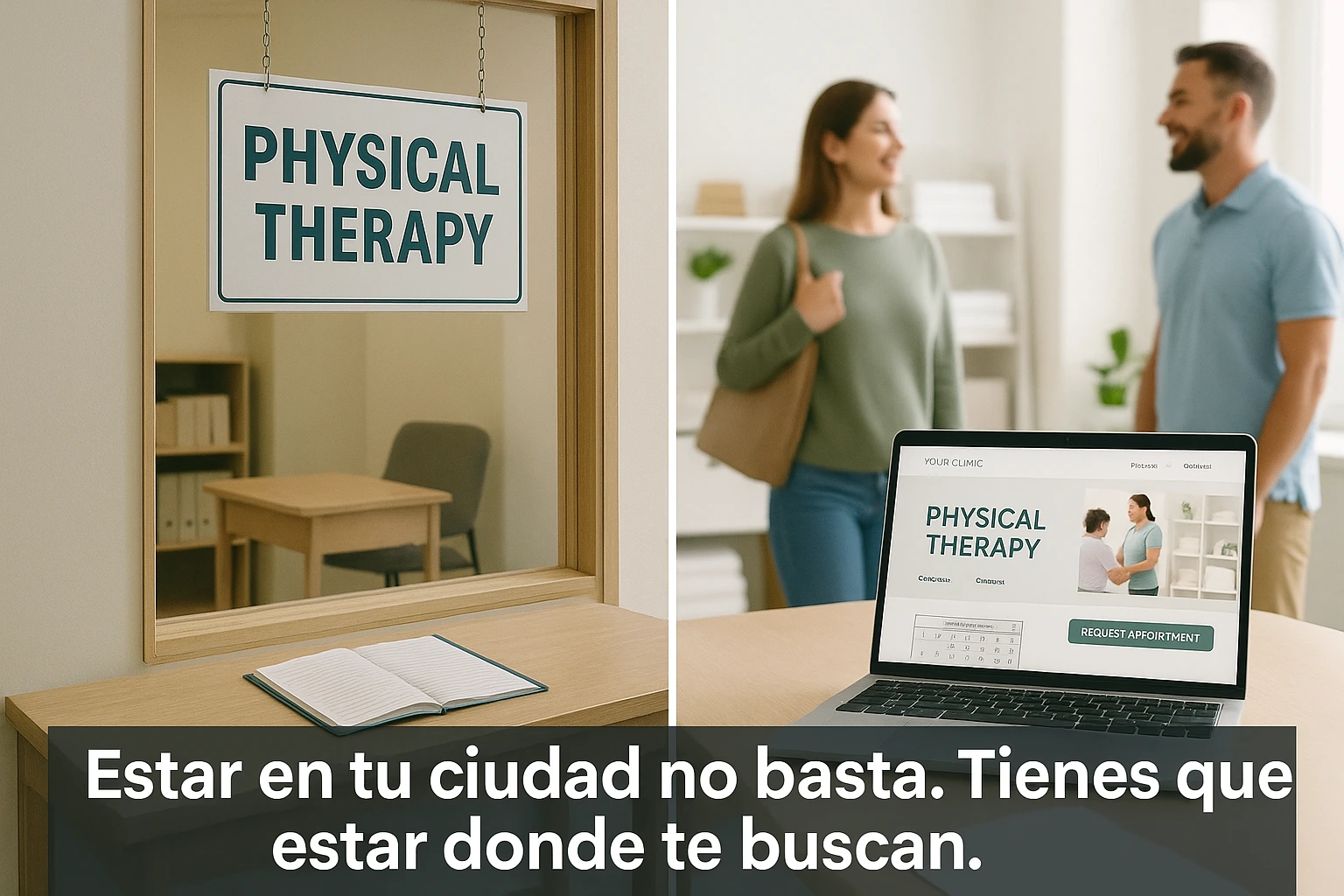 Comparativa visual entre un centro de fisioterapia sin estrategia digital y otro posicionado con marketing útil
