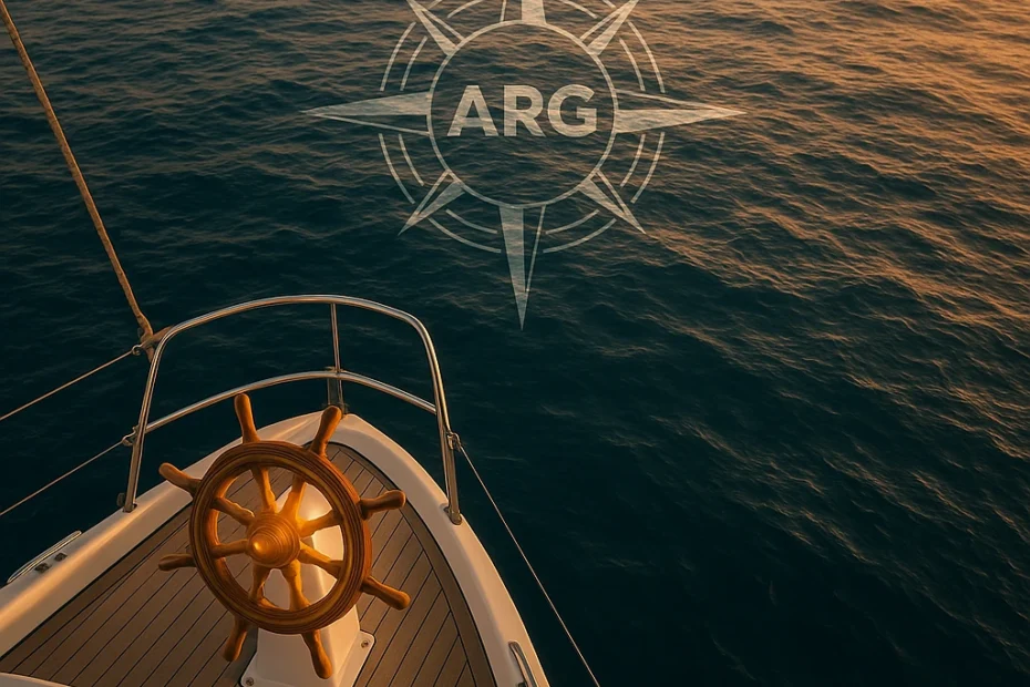 Fotografía conceptual de un timón sobre el mar Mediterráneo con el logotipo de ARG