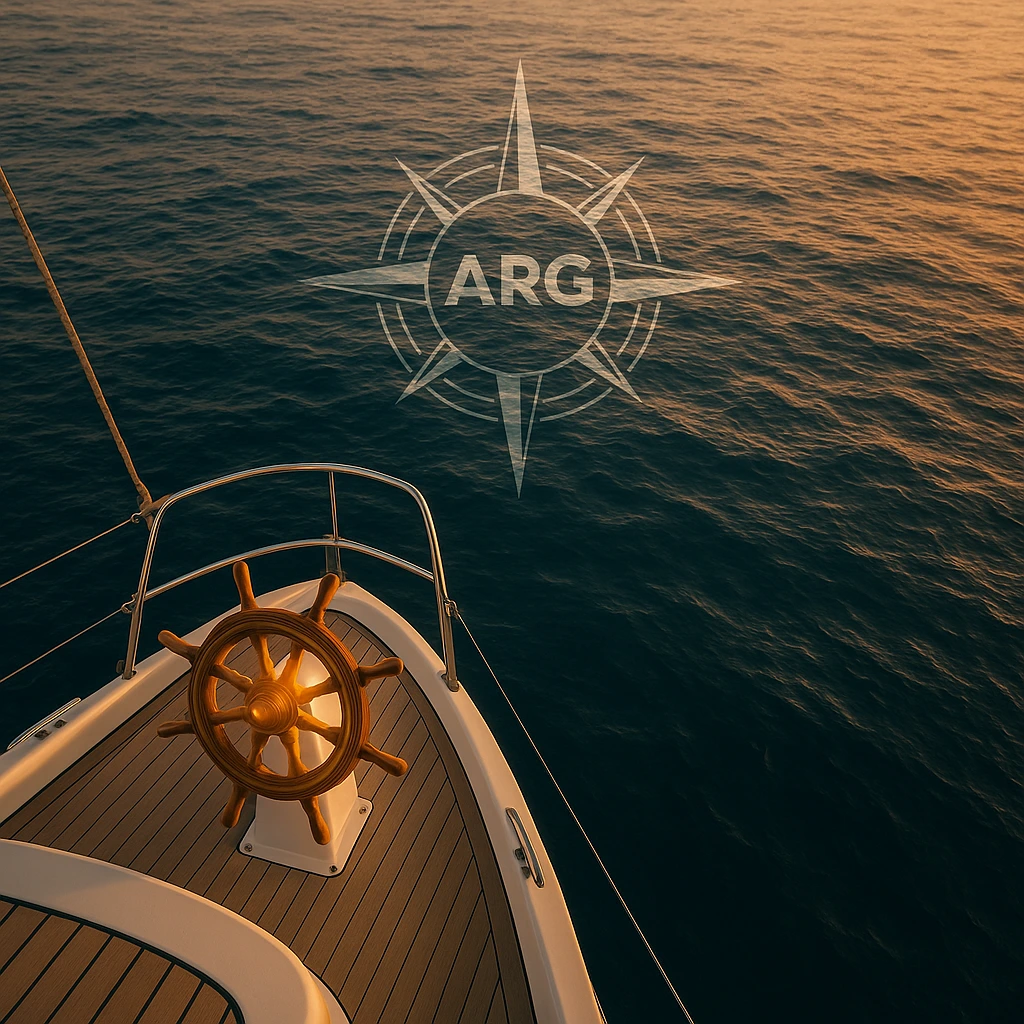Fotografía conceptual de un timón sobre el mar Mediterráneo con el logotipo de ARG