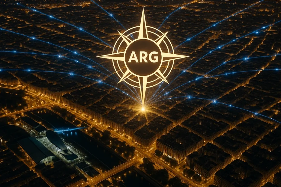 Vista aérea de Valencia con un nodo central de ARG conectado con rutas de datos