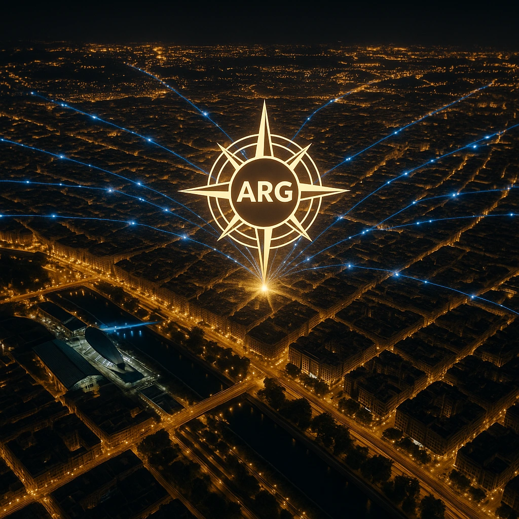 Vista aérea de Valencia con un nodo central de ARG conectado con rutas de datos