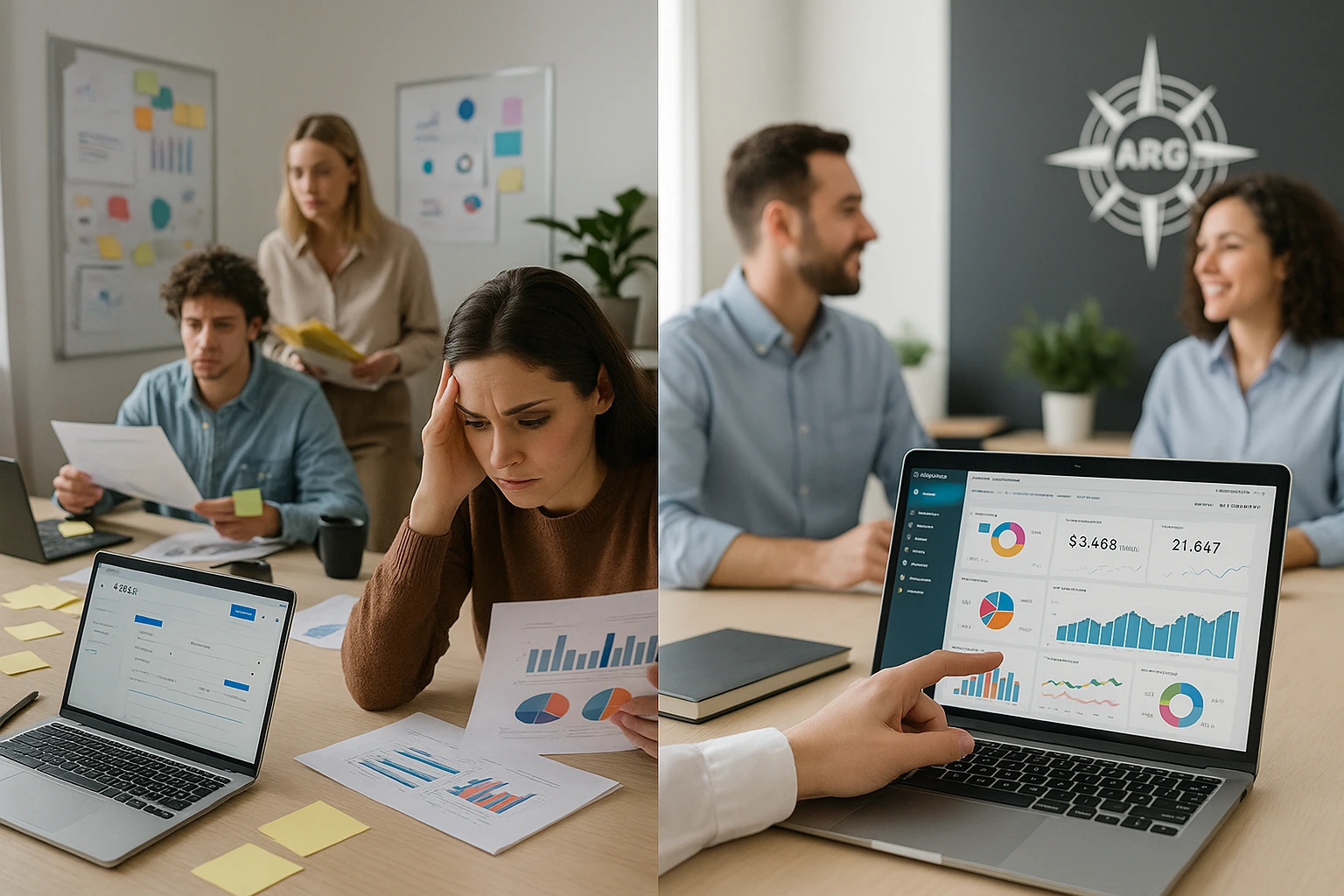 Comparativa visual entre un departamento interno saturado y una consultora de marketing estratégica