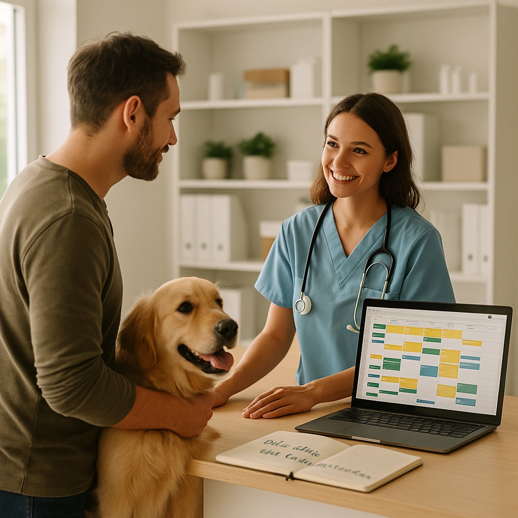 Recepción de clínica veterinaria con reservas llenas