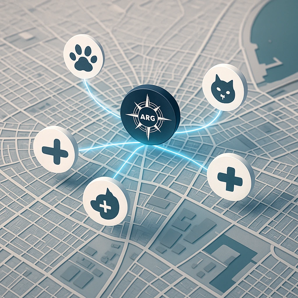 Mapa 3D con puntos de clientes conectados a una clínica veterinaria